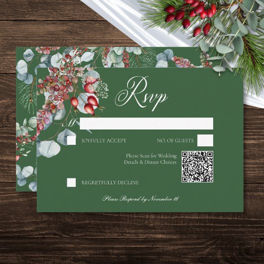 Groene Winter Pine Berries Eucalyptus Wedding RSVP Kaartje