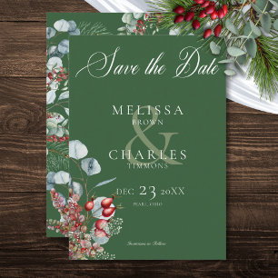 Groene Winter Pine Berries Eucalyptus Wedding Save The Date