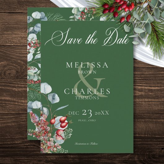 Groene Winter Pine Berries Eucalyptus Wedding Save The Date