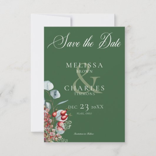 Groene Winter Pine Berries Eucalyptus Wedding Save The Date (Voorkant)