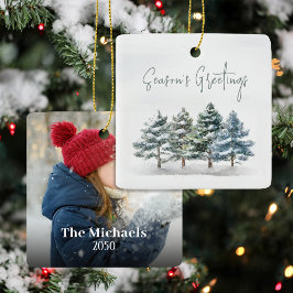 Groene Winter Pine Trees Foto gepersonaliseerd Keramisch Ornament