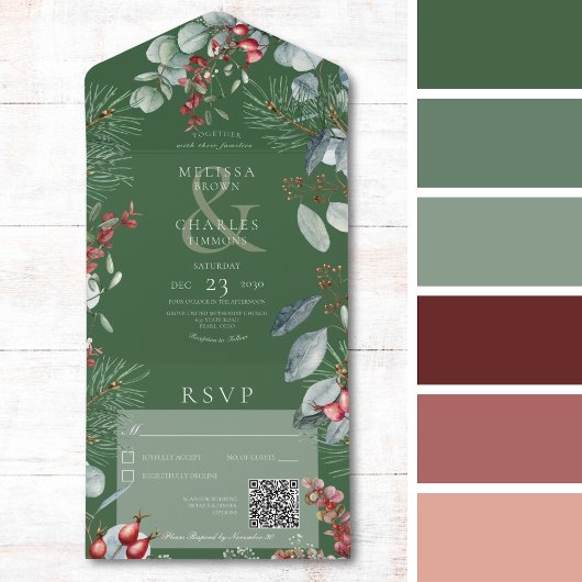 Groene winterpine bessen Eucalyptus QR-code All In One Uitnodiging