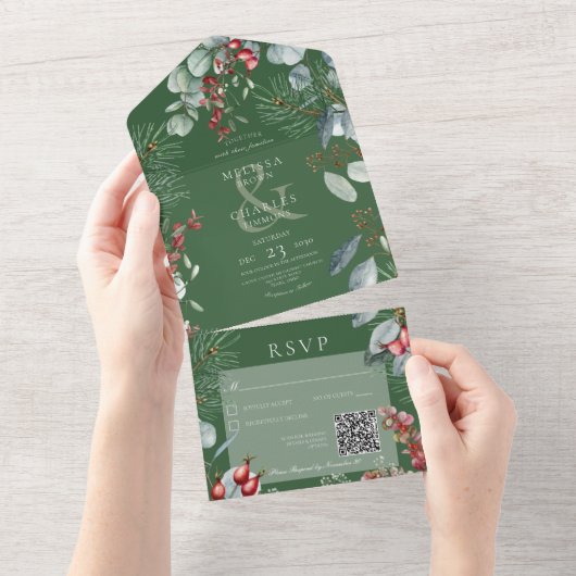 Groene winterpine bessen Eucalyptus QR-code All In One Uitnodiging (Afscheurbaar)
