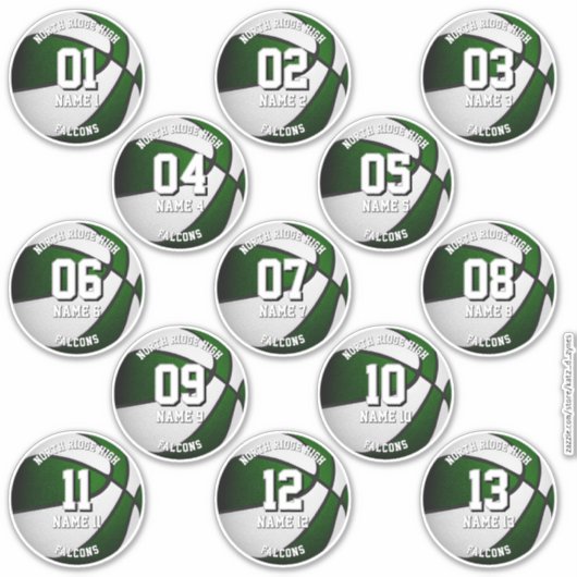 Groene witte basketbal stickers voor 13 atleten (Voorkant)