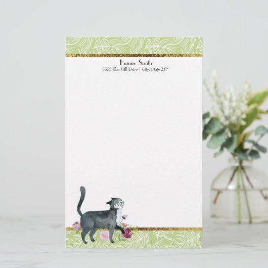 Groene witte bladeren en goudgrijze katkerbroeken briefpapier (Staand voorkant)