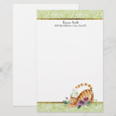 Groene witte bladeren en goudtijkkatkerbroeken briefpapier (Voorkant / Achterkant)