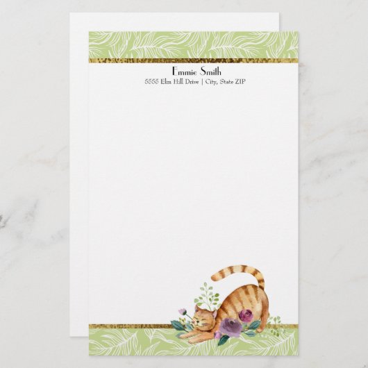 Groene witte bladeren en goudtijkkatkerbroeken briefpapier (Voorkant / Achterkant)