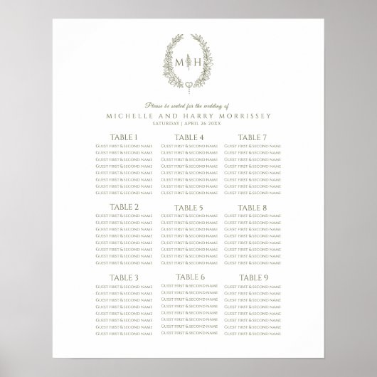 Groene witte bladeren krans bruiloft zitplaats kaa poster (Voorkant)