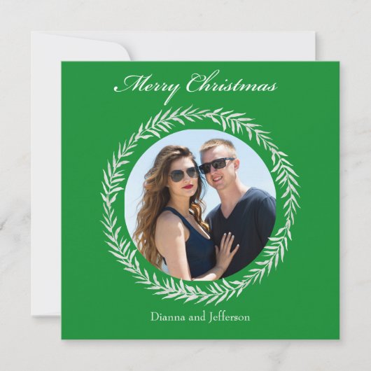 Groene Witte Bladeren Krans om uw foto heen Feestdagenkaart (Voorkant)