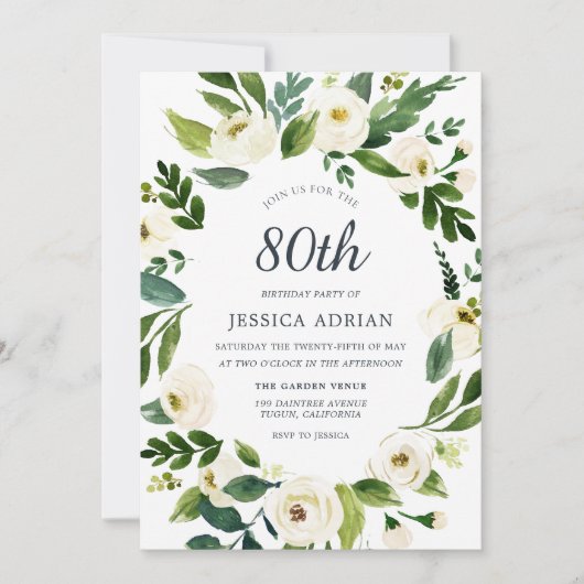 Groene Witte Bloem 80ste Verjaardagsfeest Uitnodig Kaart (Voorkant)