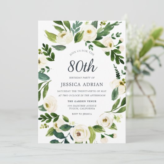 Groene Witte Bloem 80ste Verjaardagsfeest Uitnodig Kaart (Staand voorkant)