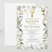 Groene witte bloem Doopsel Spaanse Uitnodiging (Voorkant / Achterkant)