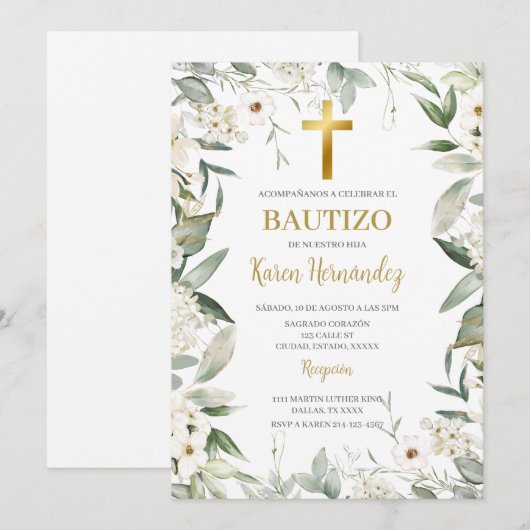 Groene witte bloem Doopsel Spaanse Uitnodiging (Voorkant / Achterkant)