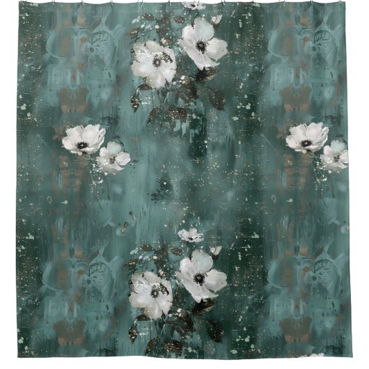 Groene Witte Bloem Floral Douchegordijn (Voorkant)
