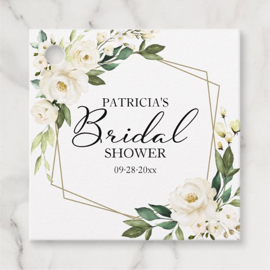 Groene Witte Bloemen Geometrische Bruidsdouche Bedankjes Labels (Voorkant)