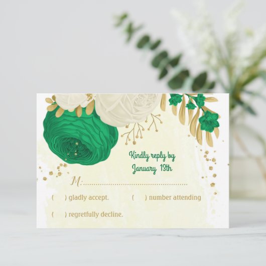 groene witte bloemen gouden botanische bruiloft RSVP kaartje (Staand voorkant)