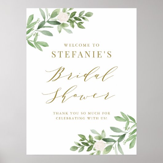 Groene Witte Bloemen Gouden Bruids Shower Ontvangs Poster (Voorkant)