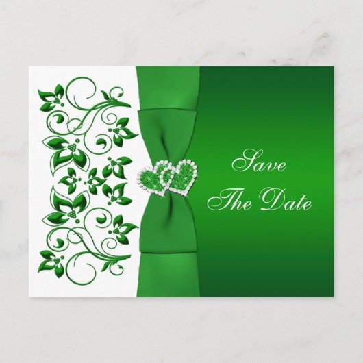 Groene, witte bloemenharten bewaren de datum post aankondigingskaart (Voorkant)