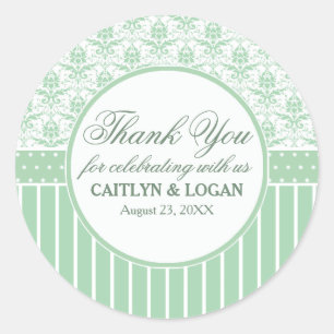 Groene witte damast en strepen bruiloft gunst zege ronde sticker