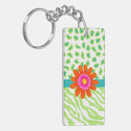 Groene, witte en Blauwgroen Zebra en Cheetah Oranj Sleutelhanger (Voorkant Links)