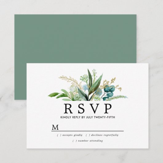 Groene witte en gouden botanische bruiloft RSVP kaartje (Voorkant / Achterkant)