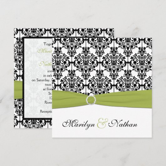 Groene, witte en zwarte Damask III Wedding Invite Kaart (Voorkant / Achterkant)