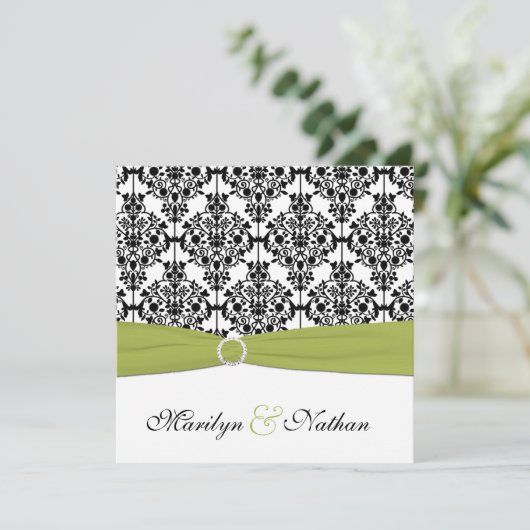 Groene, witte en zwarte Damask III Wedding Invite Kaart (Staand voorkant)