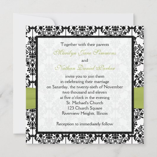 Groene, witte en zwarte Damask III Wedding Invite Kaart (Achterkant)