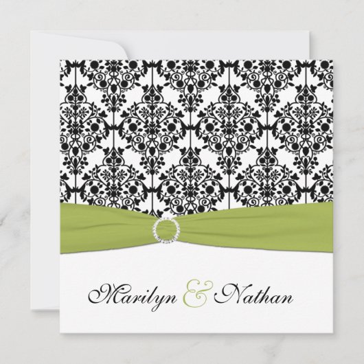 Groene, witte en zwarte Damask III Wedding Invite Kaart (Voorkant)