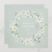 Groene + Witte Floral met Happy Easter Flat Kaart (Voorkant / Achterkant)
