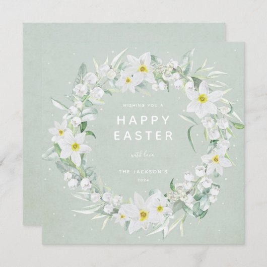 Groene + Witte Floral met Happy Easter Flat Kaart (Voorkant / Achterkant)