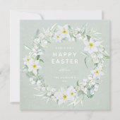 Groene + Witte Floral met Happy Easter Flat Kaart (Voorkant)