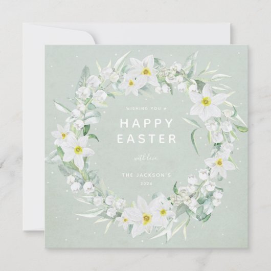Groene + Witte Floral met Happy Easter Flat Kaart (Voorkant)
