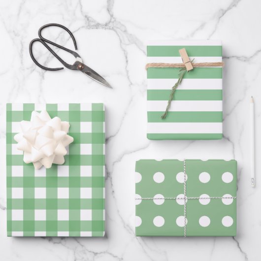 Groene Witte Gingham Stippen Gestreepte Matching Inpakpapier Vel (Voorkant)