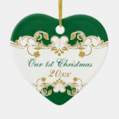 Groene witte gouden scrollers, Shamrocks 1 Kerstmi Keramisch Ornament (Voorkant)