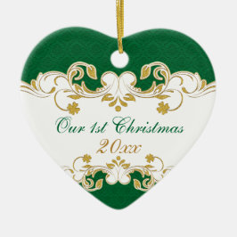 Groene witte gouden scrollers, Shamrocks 1 Kerstmi Keramisch Ornament
