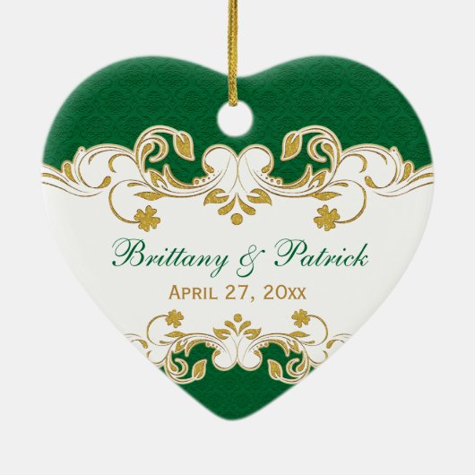 Groene witte gouden scrollers, Shamrocks 1 Kerstmi Keramisch Ornament (Achterkant)