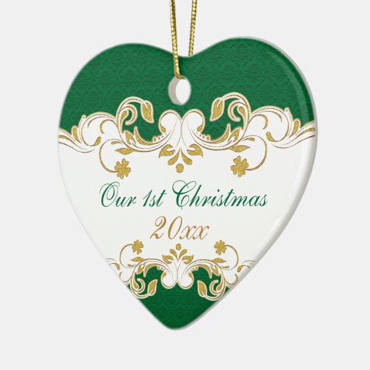 Groene witte gouden scrollers, Shamrocks 1 Kerstmi Keramisch Ornament (Links)