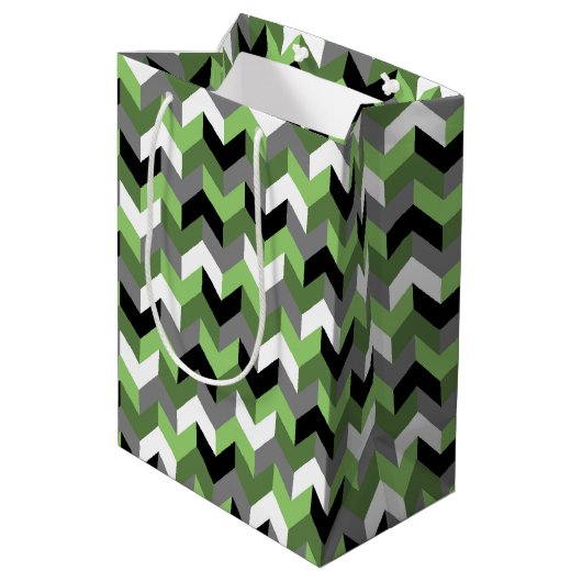 Groene, witte, grijze en zwarte Chevron Arrow Medium Cadeauzakje (Achterkant Gekanteld)