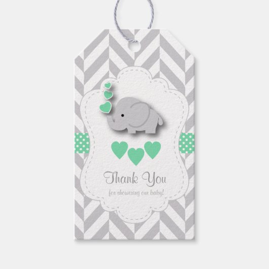 Groene, witte grijze olifant Baby shower dank u Cadeaulabel (Voorkant)