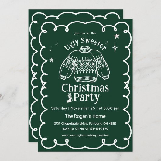 Groene & Witte Hand Getrokken Lelijke Trui Kerstmi Kaart (Voorkant / Achterkant)