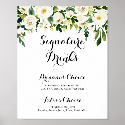 Groene witte herfst bloemige handtekening drankjes poster (Voorkant)