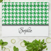 Groene & Witte Houndstooth Gepersonaliseerd Theedoek (Gevouwen)
