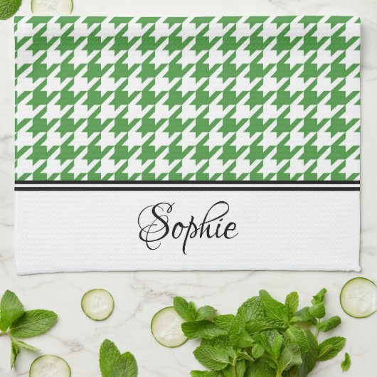 Groene & Witte Houndstooth Gepersonaliseerd Theedoek (Gevouwen)