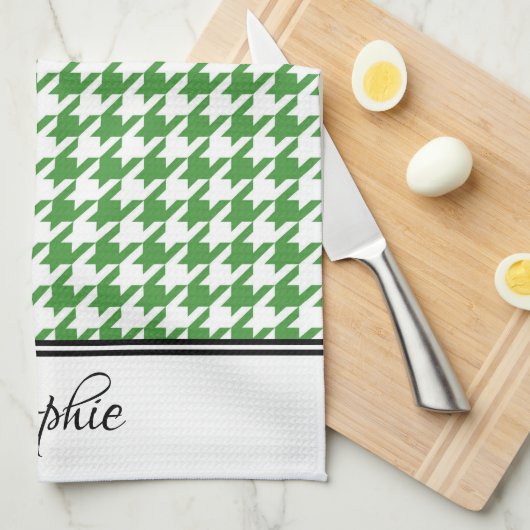 Groene & Witte Houndstooth Gepersonaliseerd Theedoek (Quarter Fold)