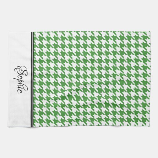 Groene & Witte Houndstooth Gepersonaliseerd Theedoek (Horizontaal)