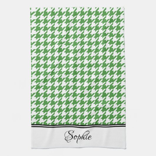Groene & Witte Houndstooth Gepersonaliseerd Theedoek (Verticaal)