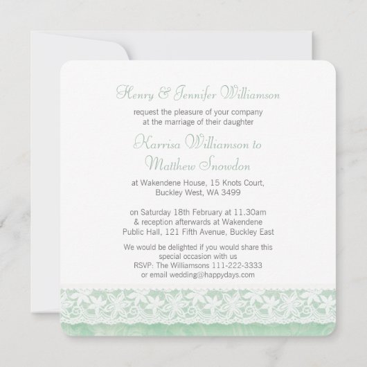 Groene witte kanten trouw bruid ouders uitnodiging (Achterkant)