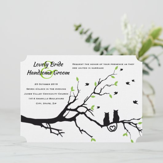 Groene Witte Kat Liefhebbers bruiloft uitnodiging (Staand voorkant)