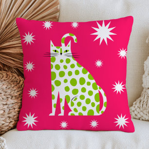 Groene Witte Kat met Stippen op Roze Moderne Felin Kussen